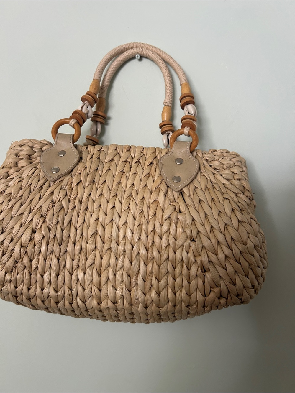White Stag Natural Woven Straw Tote with Rope and Wooden Ring Handles